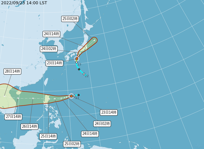 太平洋形成雙颱共舞的局面，但氣象局預估皆對台灣無直接影響。圖／取自氣象局網站
