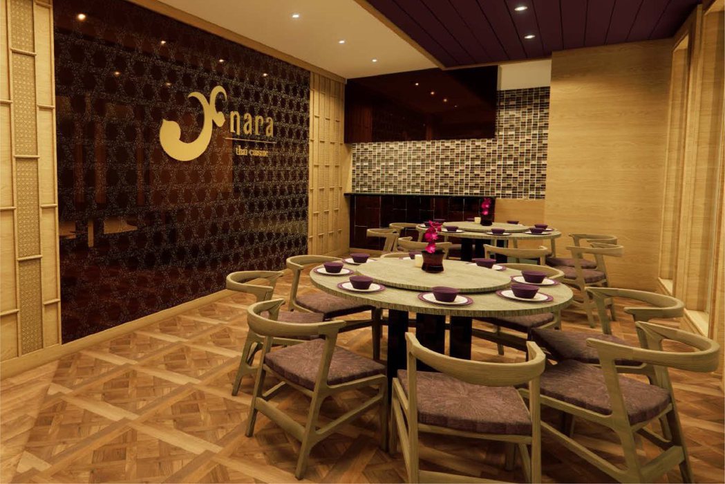 NARA Thai Cuisine高雄SOGO店整體設計，延續泰國本店的紫、金華...