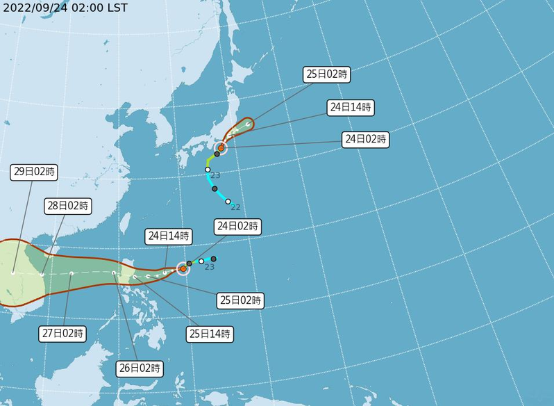 輕颱塔拉斯在日本南方海面，向東北前進，撲向日本本州南部沿海，並逐漸減弱、變性。另一輕颱諾盧偏西移動，通過呂宋島，進入南海。圖／取自氣象局網站