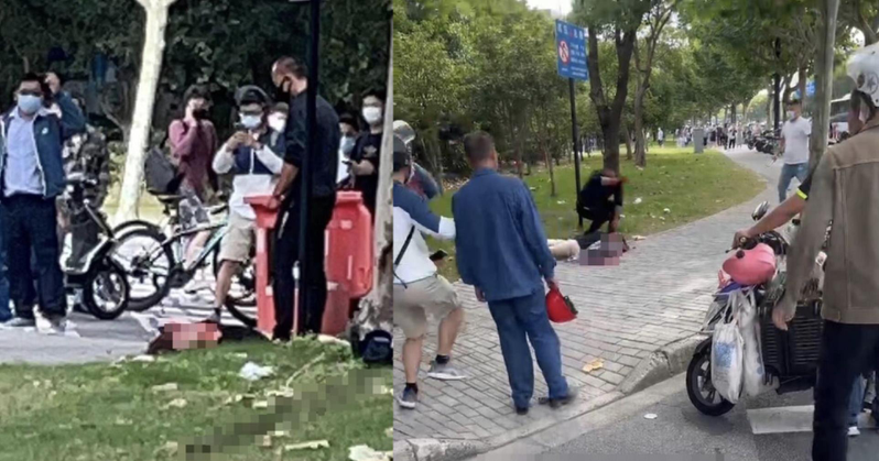 上海一名女子在路邊被另一名男子用利器割喉，倒在血泊之中。（推特照片）