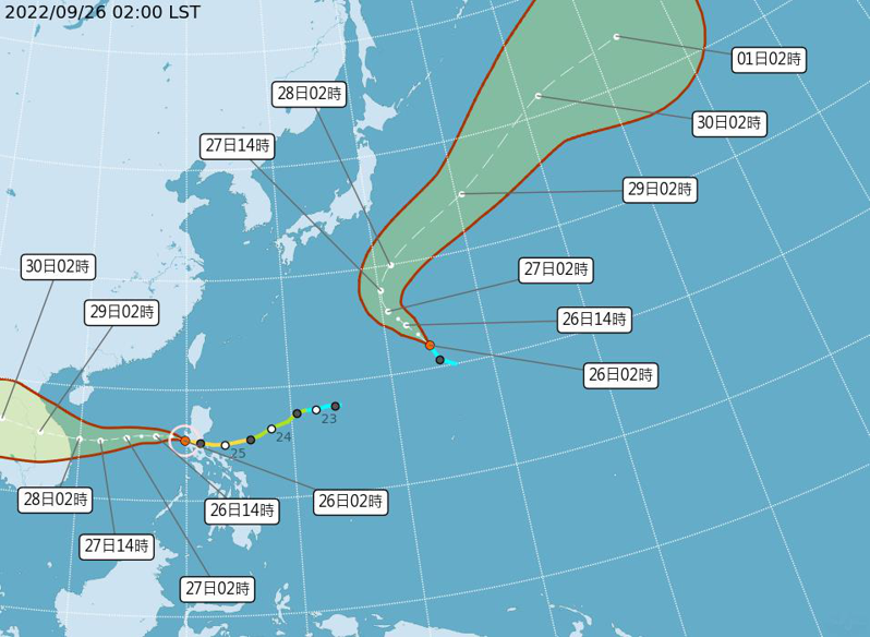 「熱帶低壓」在硫磺島東南方海面，今將發展為第17號「輕颱庫拉」，向西北移動再向東北大迴轉，對台灣及日本皆無威脅。截圖自中央氣象局