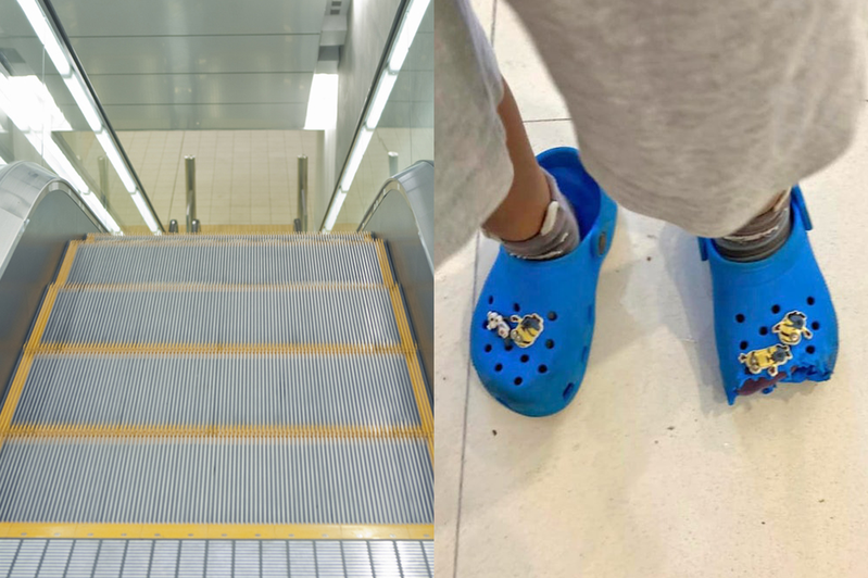 一名香港網友日前發文，指侄兒穿洞洞鞋乘扶手電梯時，疑似因站得太近手電梯邊緣，鞋身意外遭夾入，導致鞋頭遭嚴重扯爛，幾乎傷及腳趾。合成圖／Ingimage、翻攝自臉書