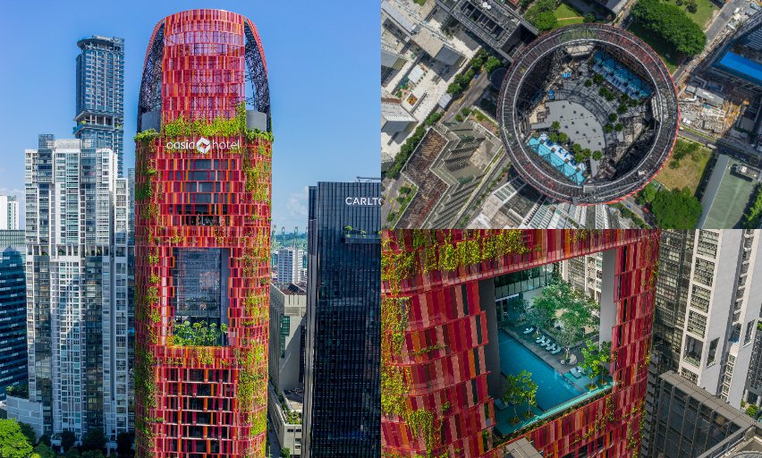 新加坡市中豪亞酒店以紅、橘、粉色的網狀包層包覆，通透的鋁製表層攀附21種的藤蔓植...