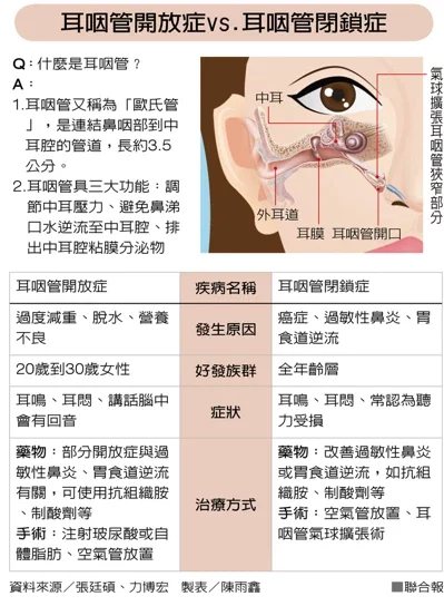 耳咽管開放症vs.耳咽管閉鎖症。 製表／陳雨鑫