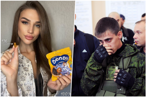 左為將俄羅斯徵兵數字類比成「一袋軟糖裡的一顆」的網紅，右為接受動員令徵兵的俄國青...