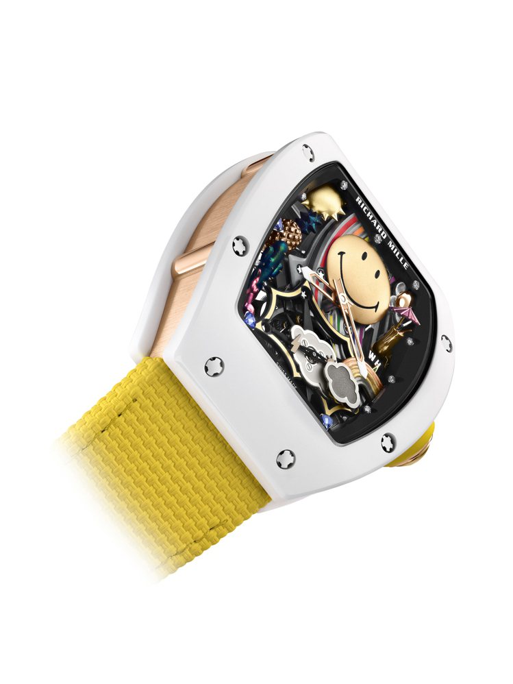 酒桶型表殼的RM 88 Smiley腕表，以白色ATZ表殼搭配黃色表帶，散發滿滿...