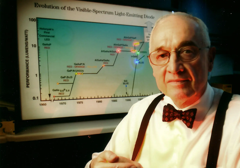 LED研究先驅、對這個領域有重大貢獻的學者暨工程師荷羅雅克，近日過世享耆壽93歲。圖擷自紐約時報