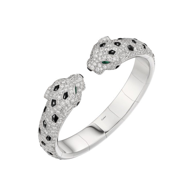 Panthère Articulée靈動美洲豹手環，白K金，祖母綠，縞瑪瑙，鑽石。圖／卡地亞提供