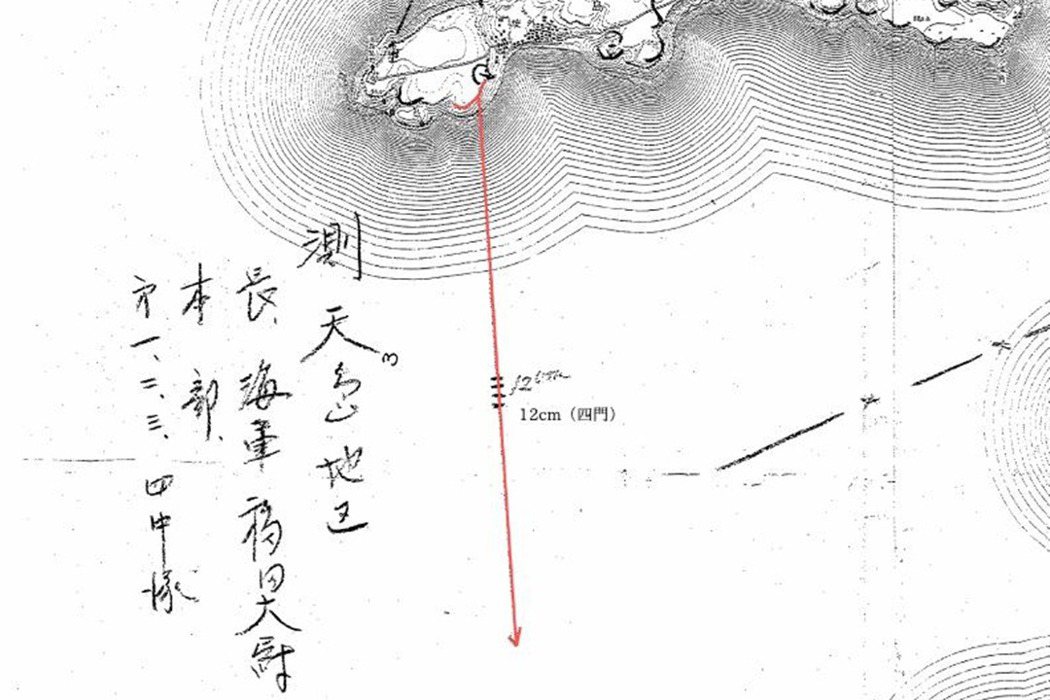 1945年的〈澎湖島兵力配備要圖〉檔案，清楚畫出吃仔尾（外垵西埔頂）地方配有「12cm砲（四門）」火砲配備的紀錄。
 圖／Japan Center for Asian Historical Records（作者編輯）