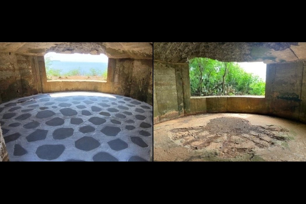 原本在砲掩體內的砲基筒和後座坑的遺跡，遭以石板加水泥弄出完整平面「美觀」的地板填埋（左圖：2022年9月拍攝；右圖：2022年7月拍攝）。
 圖／左：呂昇泓拍攝；右：作者拍攝。