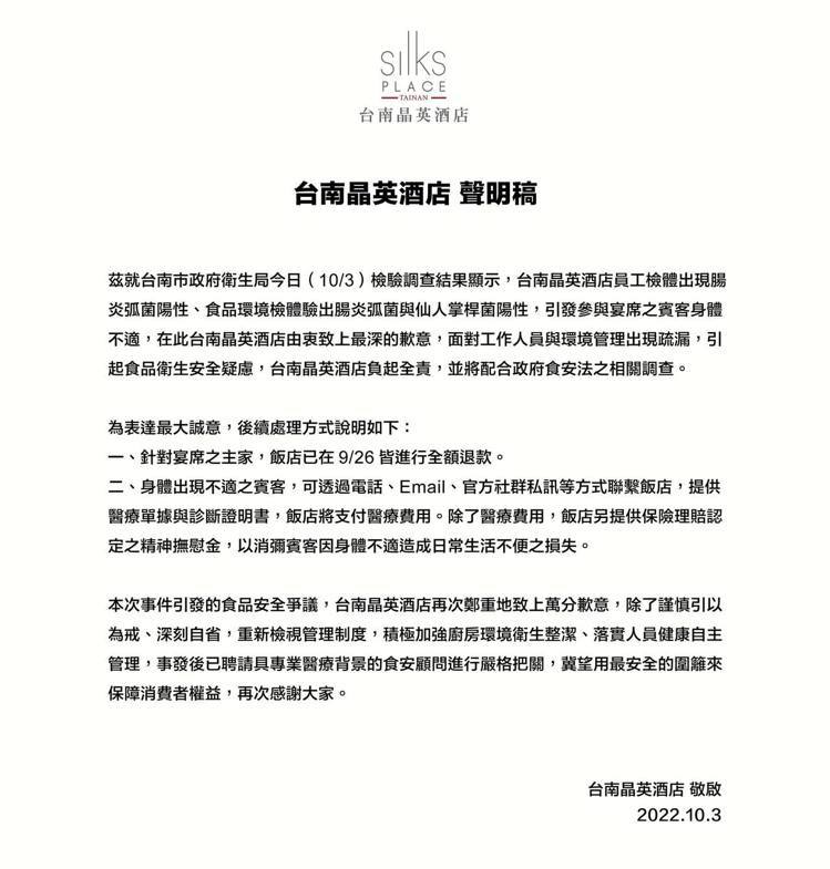 台南晶英酒店於10月3日晚間發布致歉聲明。圖／擷取自Silks Place Ta...