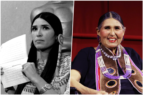 左為1973年，現身奧斯卡頒獎典禮會場，身著原住民傳統服飾的小羽毛；右為2022...