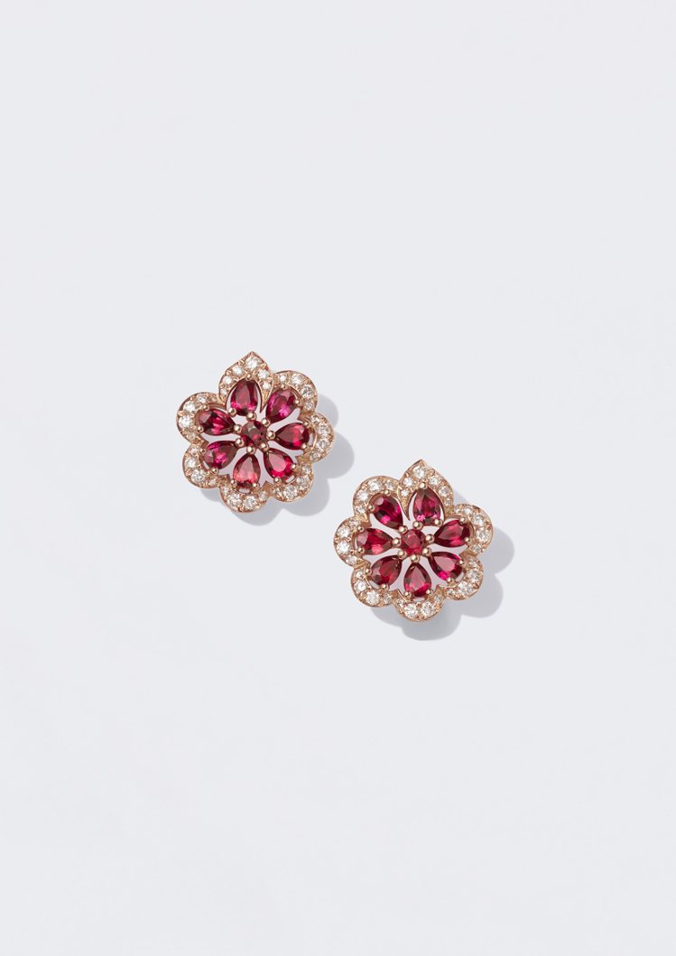 Precious Lace系列耳環，符合倫理道德標準的18K玫瑰金鑲嵌紅寶石與鑽...