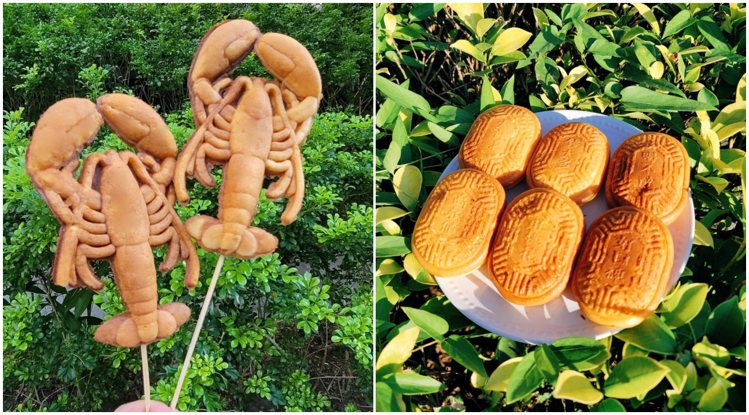 左「擬真龍蝦造型雞蛋糕」，右「幸運紅龜粿造型雞蛋糕」。圖／KADOKADO提供
