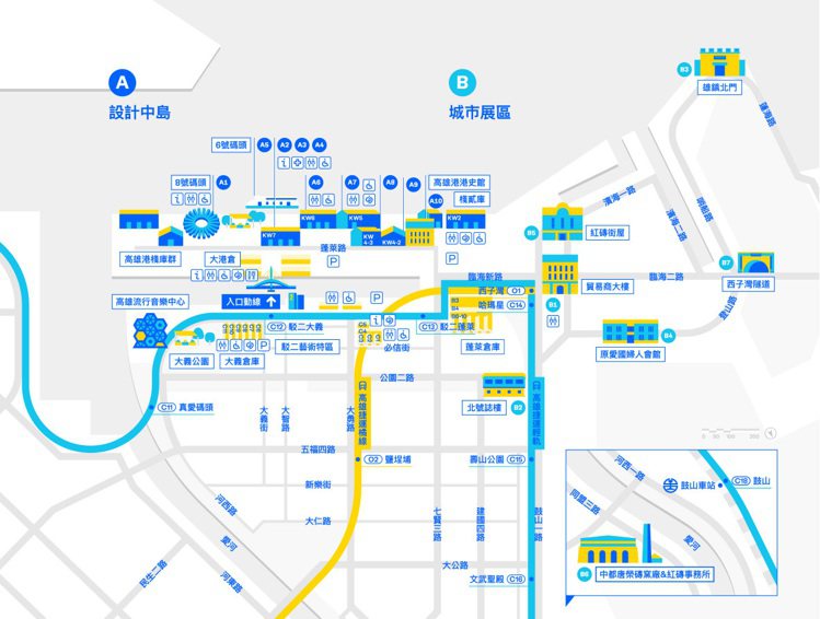 2022台灣設計展三大展區地圖：A設計中島、B城市展區、C設計響應。 圖／台灣設計研究院提供