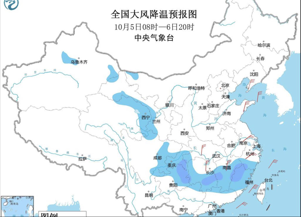 大陸中央氣象台預報，四川盆地至淮河流域多降雨。（澎湃新聞）