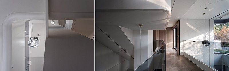 左：金、銀色光源體串流於各場域，傳遞光源無所不在的意念。　右：從一樓往二樓的樓梯...
