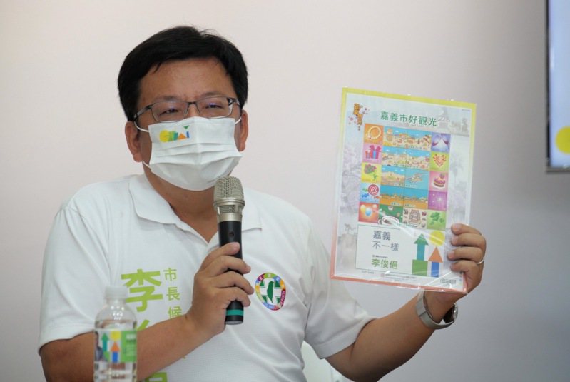 民進黨嘉義市長參選人李俊俋今日發表城市觀光NFT與郵票。 圖／李俊俋競選總部提供