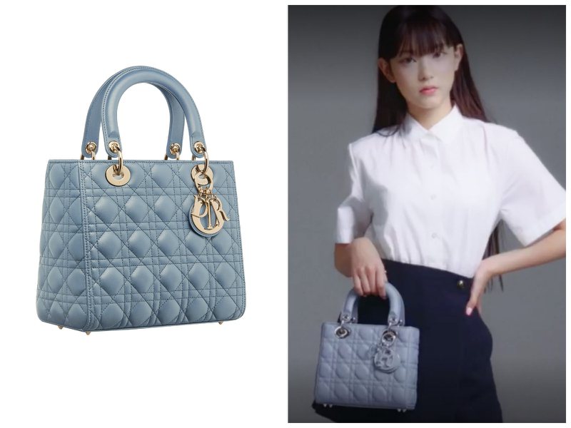 白襯衫、黑短裙的Hyein李惠仁提取了一顆Lady Dior天藍色籐格紋小羊皮中型提包，包款表面並有著經典的籐格紋與掛飾。圖 / 翻攝自影片、DIOR提供（合成圖）
