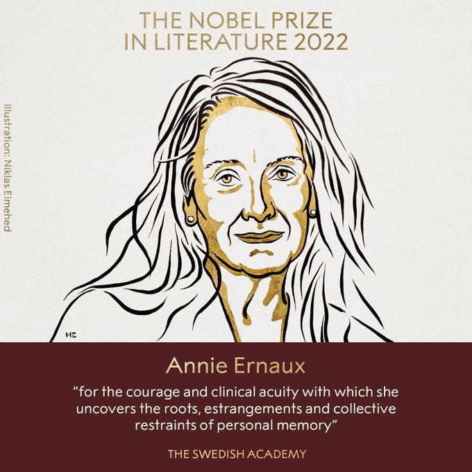 2022年諾貝爾文學獎頒給法國作家安妮•艾諾。（取材自諾貝爾獎官網）