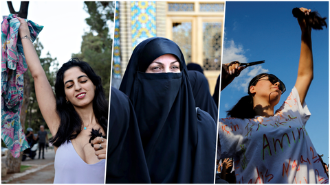 左起：在耶路撒冷摘除頭巾並剪髮聲援伊朗示威的女性、德黑蘭清真寺前戴頭巾的伊朗女性...