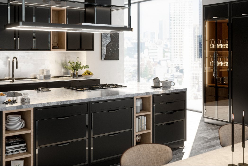 開放式的中島廚房以黑色為主軸，結合亮面鎳材質的線板將空間的層次氛圍堆疊出來，演繹...