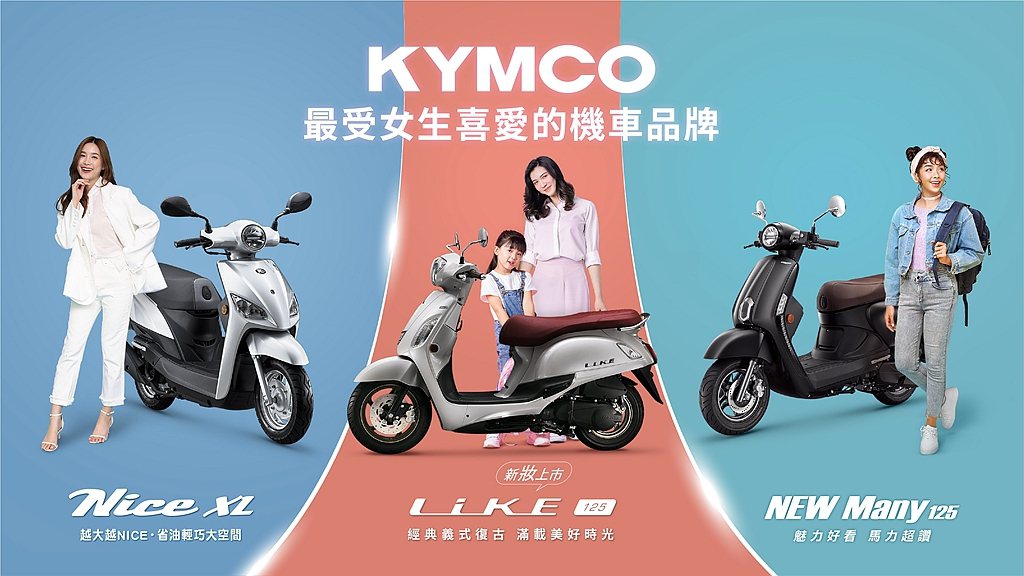 KYMCO本月針對女性車系包含New Many 125、LIKE 125與Nice XL三款女性最愛機種，推出專屬購車優惠，最高現省14,300元。 圖／KYMCO提供