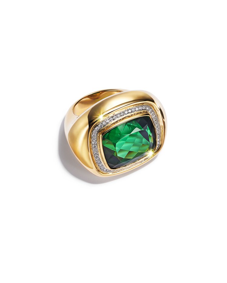 Paloma Picasso™ Studio高級珠寶18K黃金雙圈戒指，鉑金、鑽石、一顆總重逾25克拉的枕形切割綠碧璽。圖／Tiffany提供