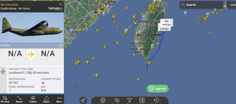 國內航迷今透過「Flightradar24」航跡追蹤到韓國空軍1架C-130J-30沿台灣東部海岸往北飛行。圖／擷取自Flightradar24
