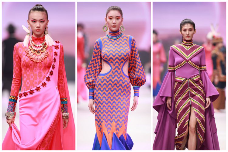 設計師簡國彥將原民文化中大量的幾何排比與鮮艷色彩，以鏤腰、拼接的不對稱裙擺與誇張...