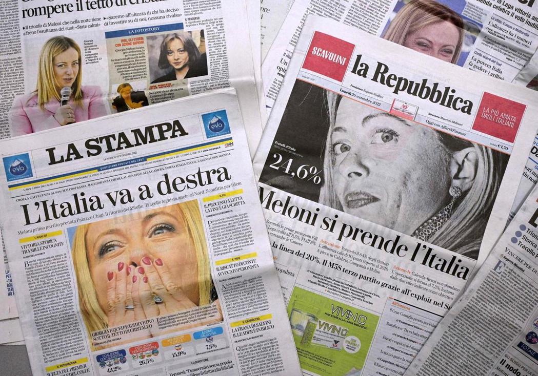 2022年9月26日，義大利各家報紙頭版報導梅洛尼領導的右派聯盟勝選。 圖／法新...