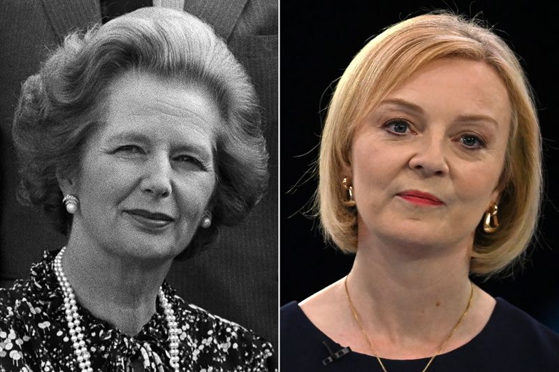 英國前首相柴契爾夫人（左）和現任首相特拉斯（右）面臨的國內危機類似，但兩人處境截然不同。法新社