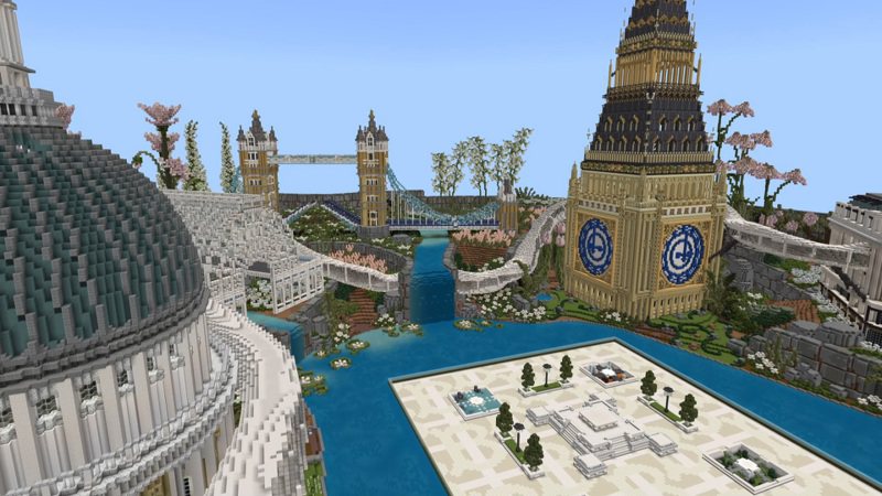 Minecraft中專屬的Burberry遊戲模組，還原了與Burberry、倫敦息息相關的經典建築地標。圖 / Burberry提供