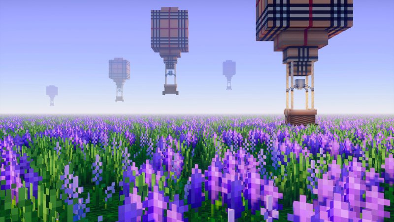 乘坐著Burberry熱氣球降落在美麗的薰衣草原上？這個夢想將在11月登場的Minecraft Burberry模組中，夢幻實現。圖 / Burberry提供