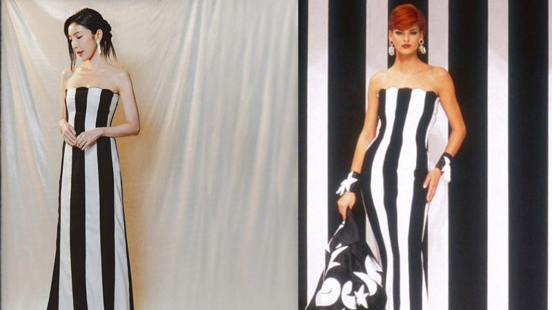 楊謹華在擔任金鐘獎頒獎人時，搭配Valentino 2022早秋Promenade系列黑白線條禮服（左），設計靈感源自1992年的設計（右）。圖／摘自twitter、Valentino提供