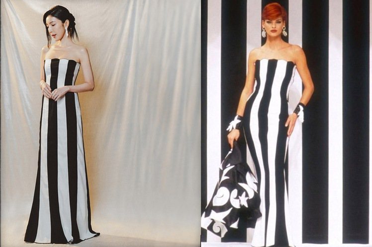 楊謹華在擔任金鐘獎頒獎人時，搭配Valentino 2022早秋Promenade系列黑白線條禮服（左），設計靈感源自1992年的設計（右）。圖／摘自twitter、Valentino提供
