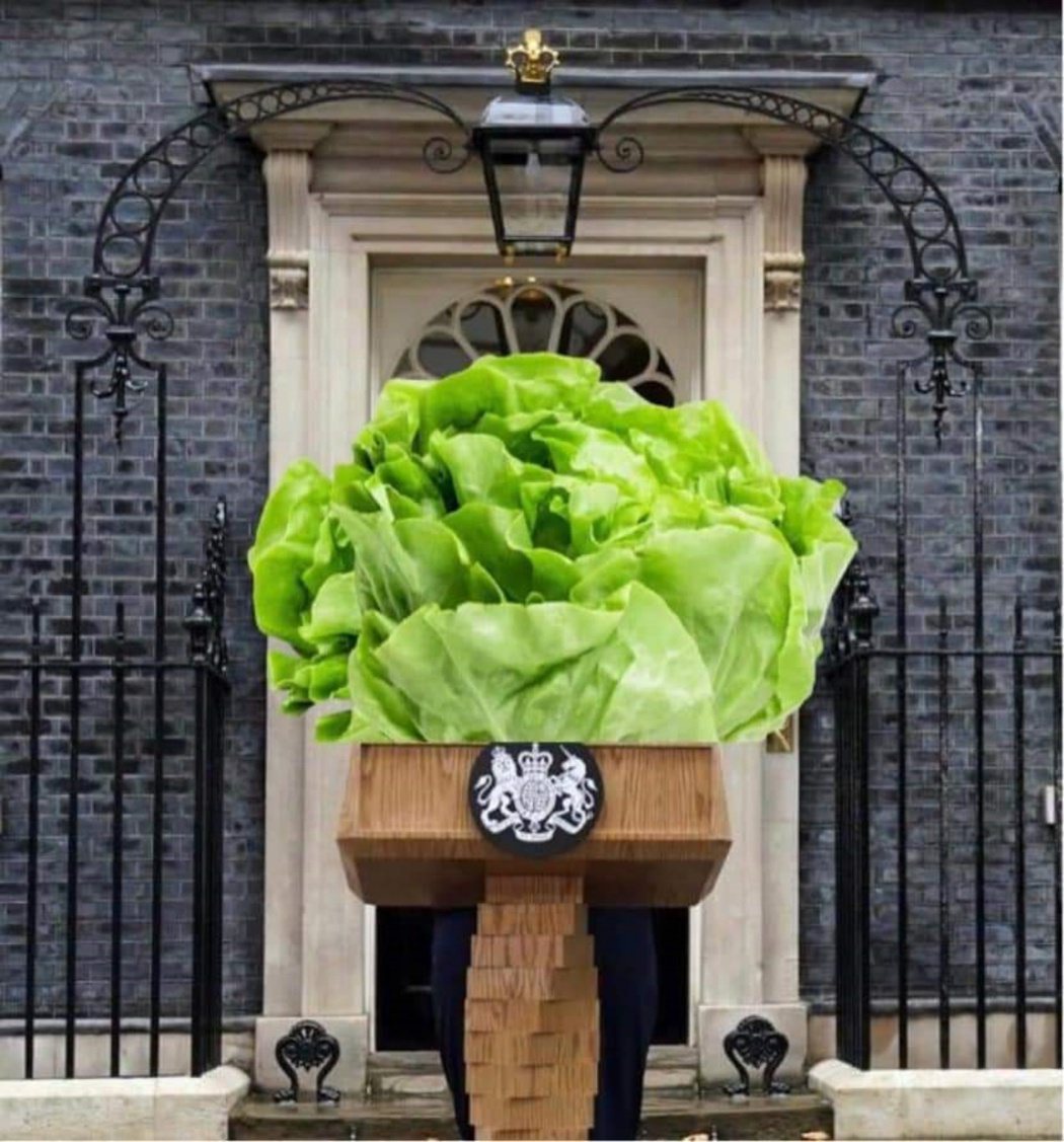 在前首相特拉斯遭遇逼宮時，英國小報將一顆生萵苣和她的照片並列，戲謔「競賽」兩者誰...