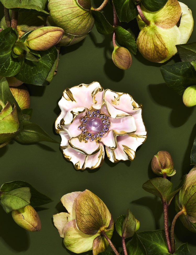 Tiffany Blue Book BOTANICA 高級珠寶系列18K金胸針，鑲嵌琺瑯及單顆總重逾15克拉未經優化處理粉紅色星光剛玉，和紫色剛玉，逾2,000萬元。圖／Tiffany提供