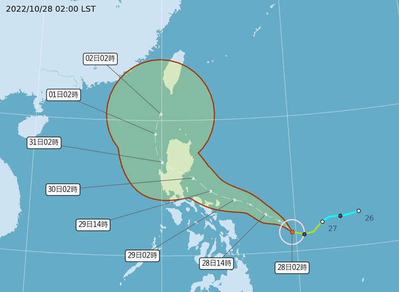 輕度颱風奈格今天凌晨2時的中心位置在馬尼拉東南東方1020公里海面上（鵝鑾鼻東南方1530公里海面上），以每小時23公里速度，向西北西進行。圖／取自氣象局網站