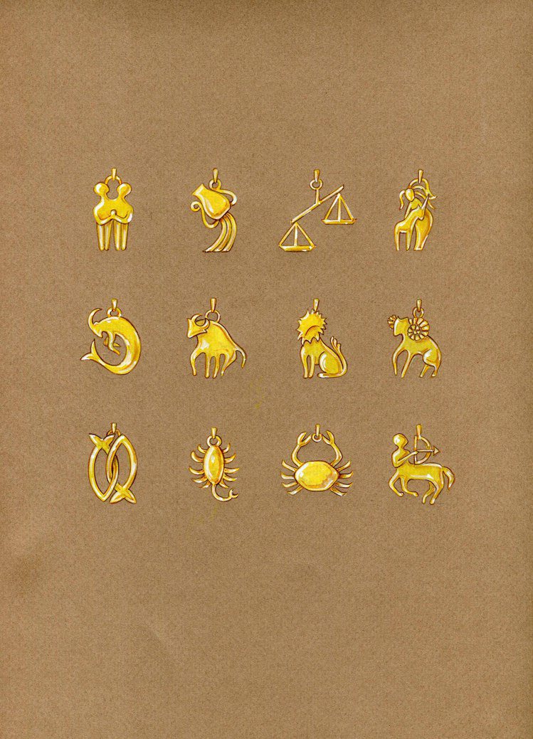 梵克雅寶典藏資料中，約1990年的12款星座吊墜設計草圖。圖／梵克雅寶提供