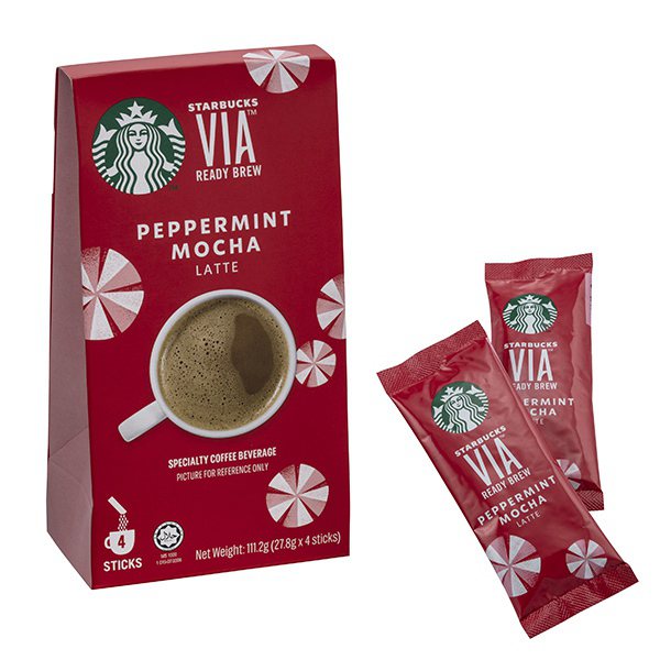 星巴克VIA™即溶薄荷摩卡咖啡是以完美比例結合可可粉、乳粉與星巴克咖啡，美妙濃郁...