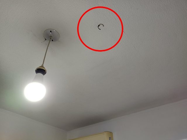 一名網友在租屋處發現每個房間的天花板都有一個神秘掛鉤。圖擷取自PTT