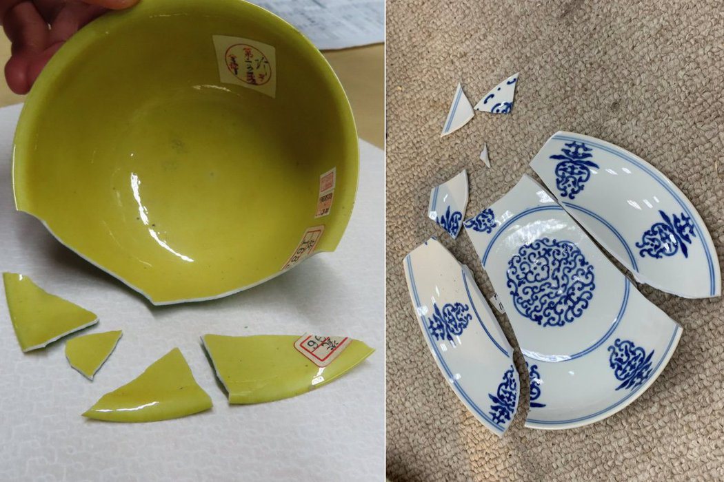 「清康熙款暗龍白裏小黃瓷碗」和「清乾隆青花花卉盤」的破損狀態。 圖／故宮提供