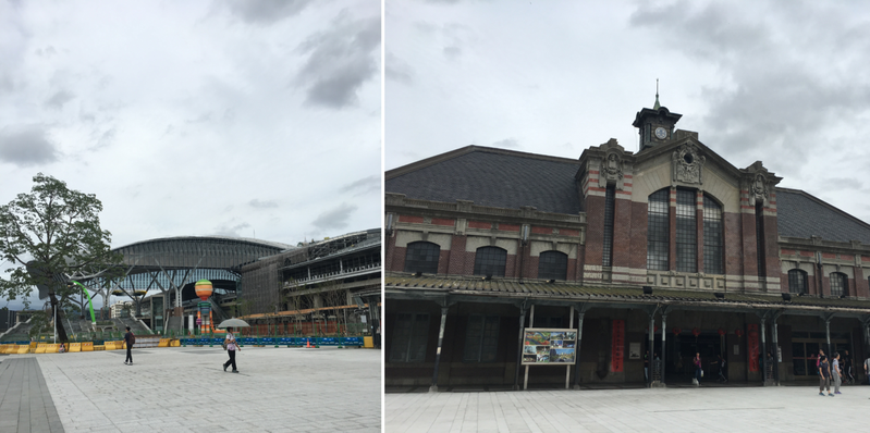2018年的臺中火車站，古蹟整體大致上沒什麼變化，但前方地面已非柏油馬路，而是鋪了人行道地磚。另外，面對車站的左側，建起目前新站樣貌。（組圖／聯合報系新聞資料照）
