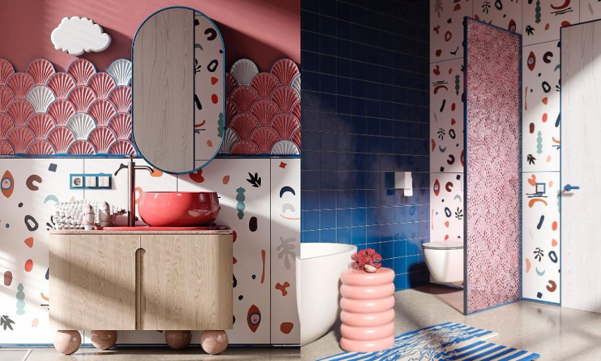 運用各式造型和顏色的磁磚拼貼於牆面，讓空間看起來具變化性。