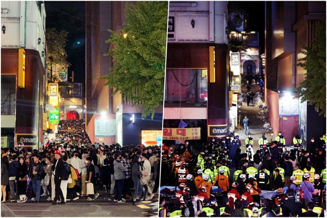 左圖是10月29日當晚時間約20：45，案發之前的聚集人潮。右圖為案發後，大批警...