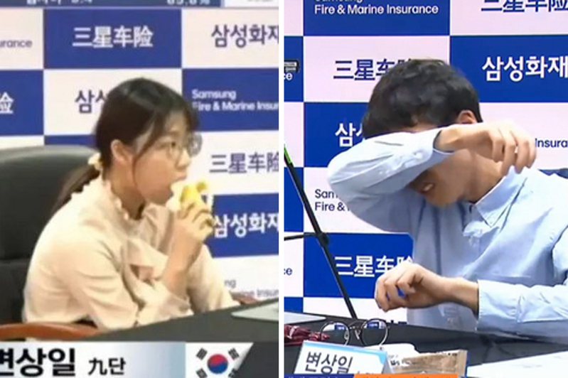 南韓棋士崔精（左）九段對上卞相壹（右），兩人場上的情緒反差成鮮明對比。圖／翻攝自PTT、韓國圍棋電視台