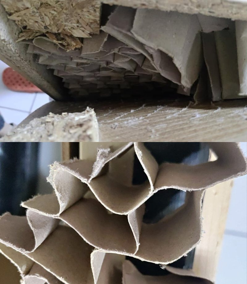 一名女網友抱怨買IKEA的桌子回家才用沒多久竟出現凹陷，掀開才發現是用「蜂巢紙」製成。圖擷取自爆怨公社