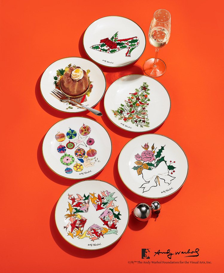 Tiffany Co. x Andy Warhol 2022 Holiday Season耶誕骨瓷甜點盤6件組。圖／Tiffany提供