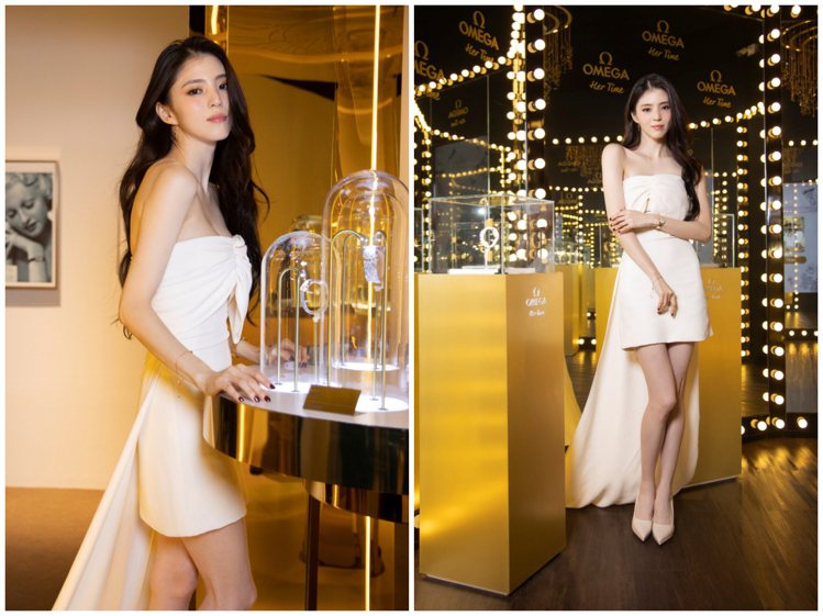 韓韶禧日前出席於曼谷舉辦的「她的美麗時光」（Her Time）特展，以白色小禮服搭配手上OMEGA金表，引爆了一顆女神級的氣質震撼彈。圖 / OMEGA提供（合成圖）